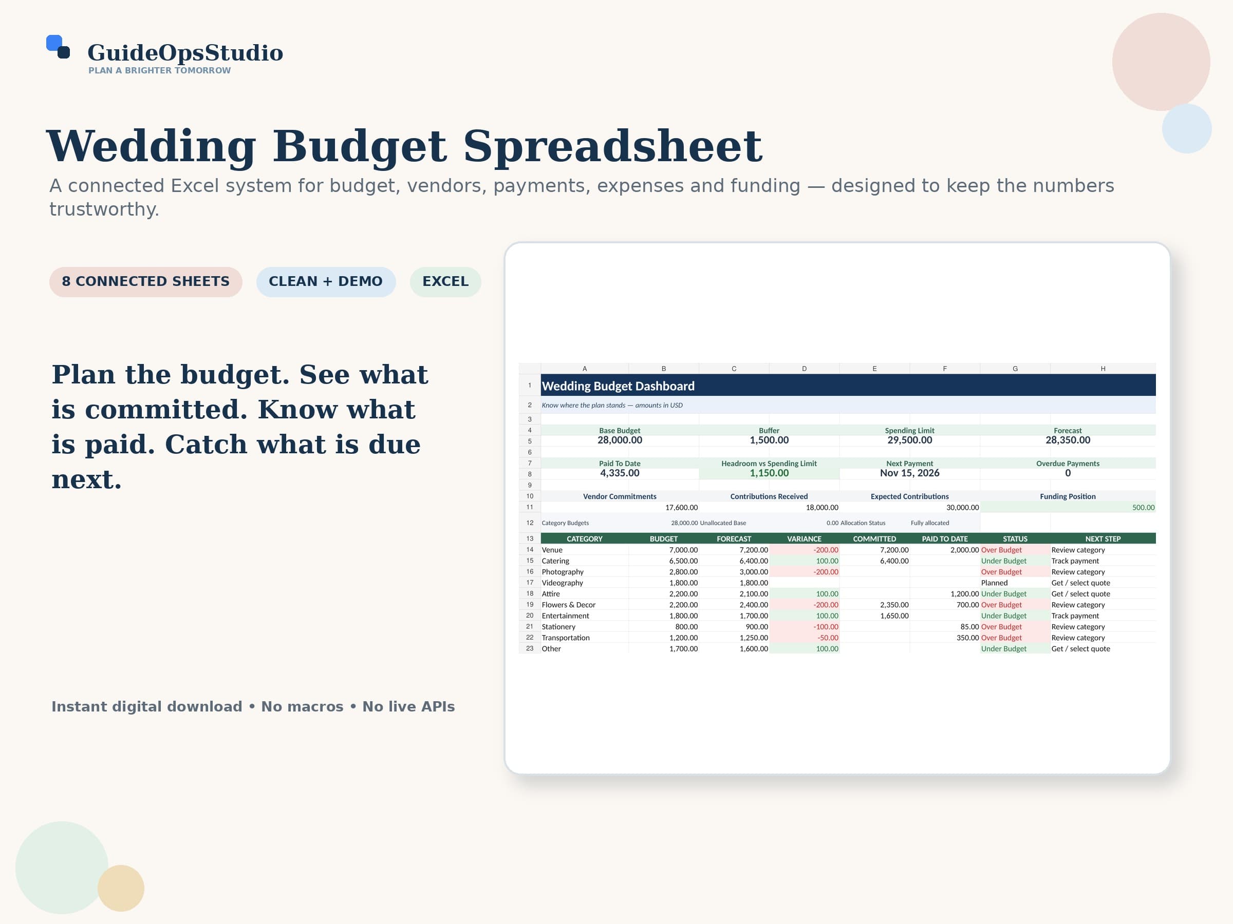 Wedding Budget Spreadsheet dashboard and planning workbook preview